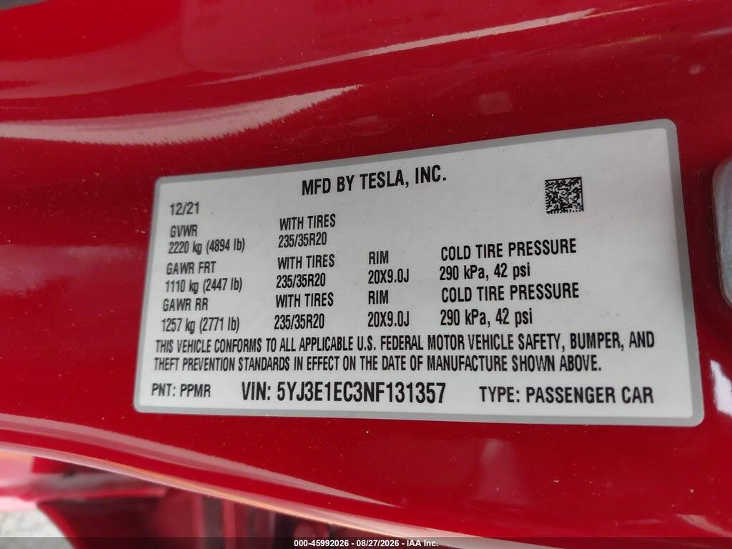 5YJ3E1EC3NF131357 2022 TESLA MODEL 3 photo no. 9