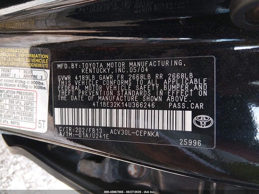 4T1BE32K14U366246 2004 TOYOTA CAMRY photo no. 9