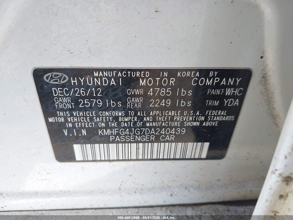 KMHFG4JG7DA240439 2013 HYUNDAI AZERA photo no. 9