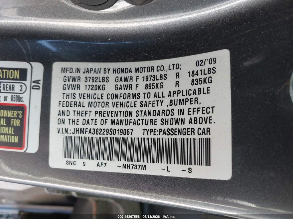 JHMFA36229S019067 2009 HONDA CIVIC HYBRID photo no. 9