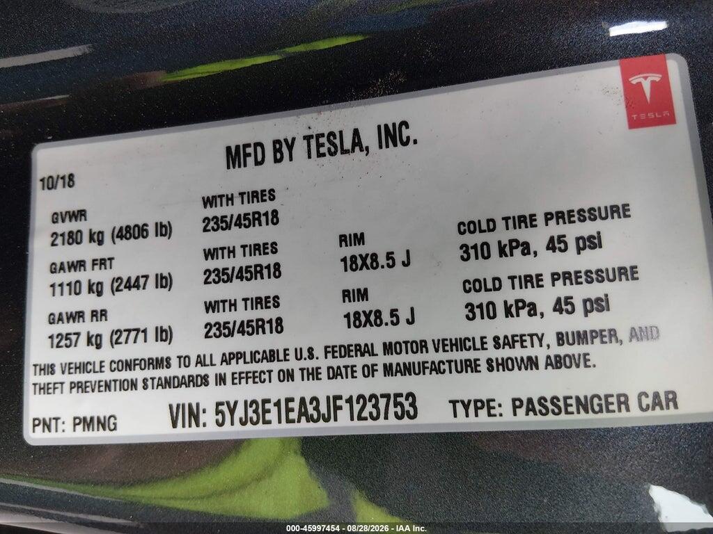 5YJ3E1EA3JF123753 2018 TESLA MODEL 3 photo no. 9