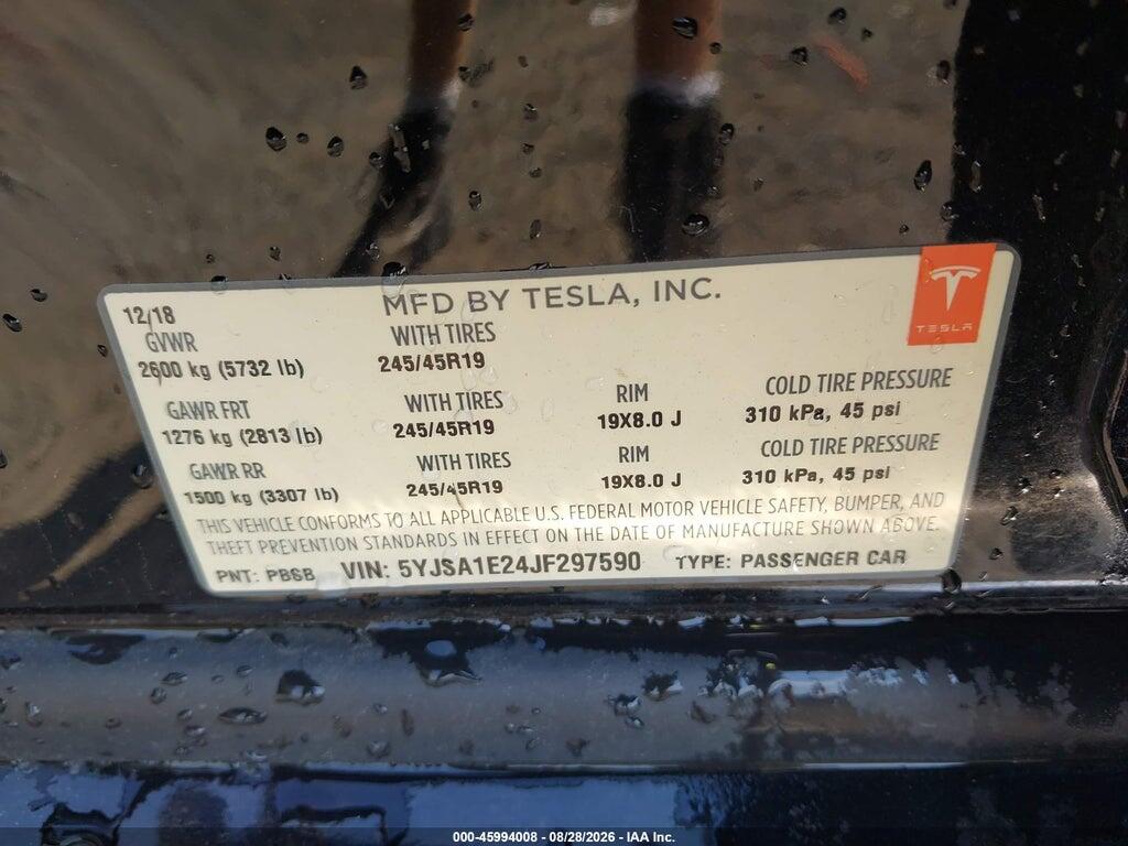 5YJSA1E24JF297590 2018 TESLA MODEL S photo no. 9