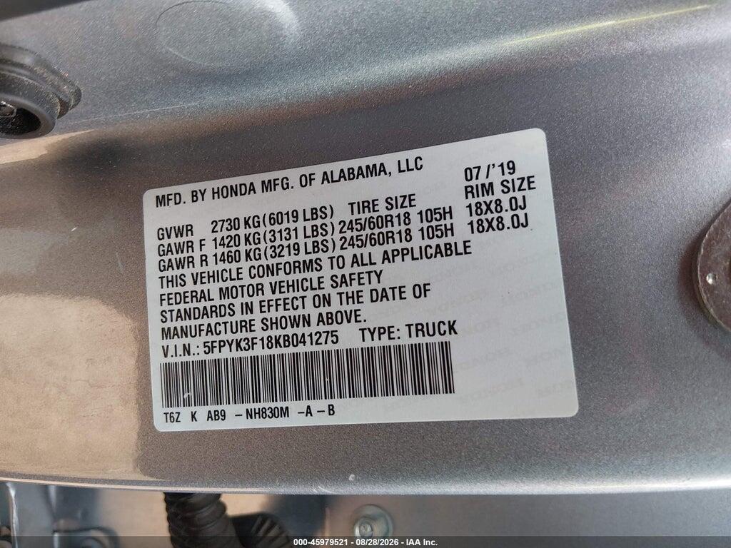5FPYK3F18KB041275 2019 HONDA RIDGELINE photo no. 9