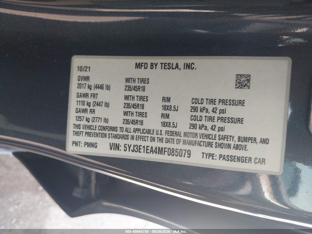 5YJ3E1EA4MF085079 2021 TESLA MODEL 3 photo no. 9