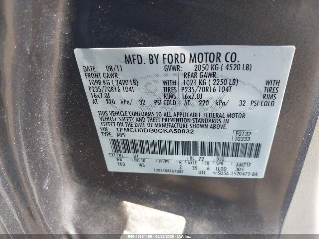 1FMCU0DG0CKA50832 2012 FORD ESCAPE photo no. 9