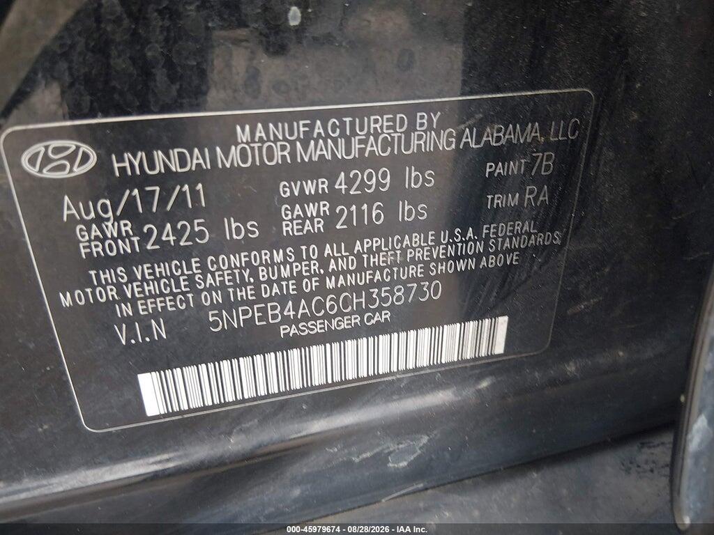 5NPEB4AC6CH358730 2012 HYUNDAI SONATA photo no. 9