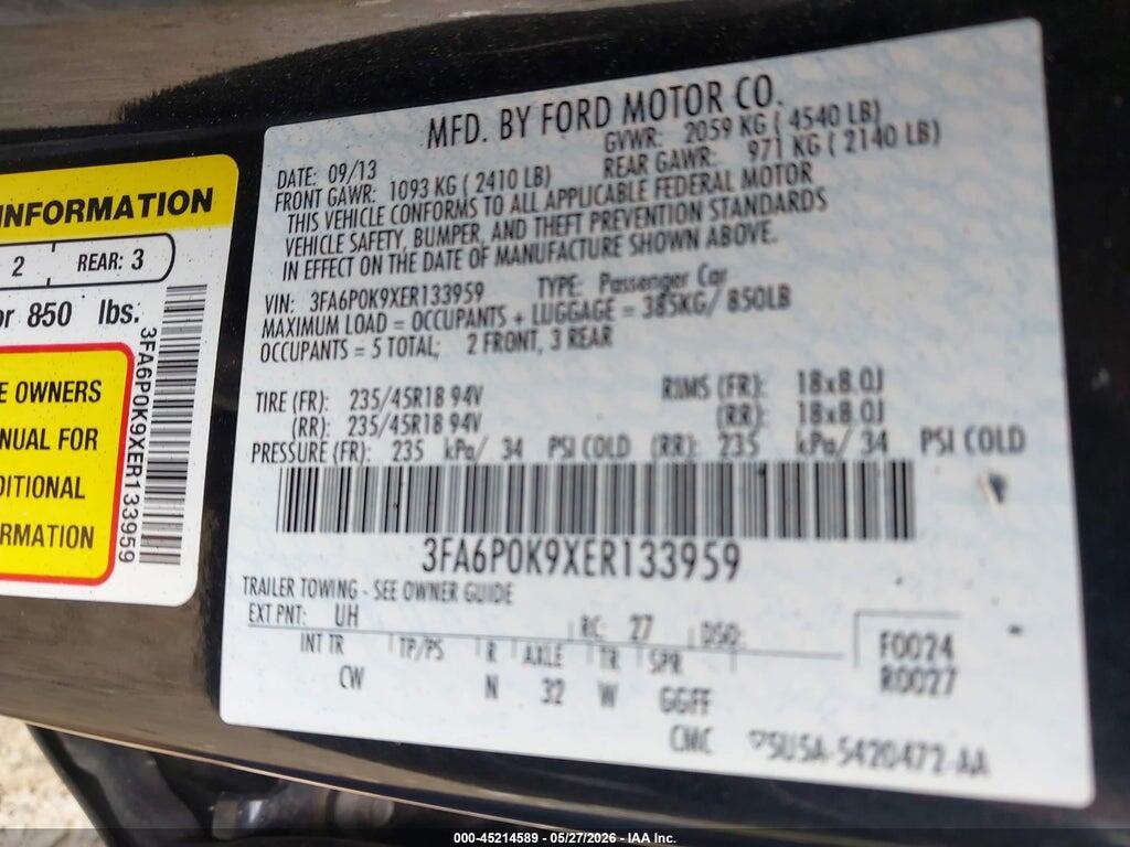 3FA6P0K9XER133959 2014 FORD FUSION photo no. 9