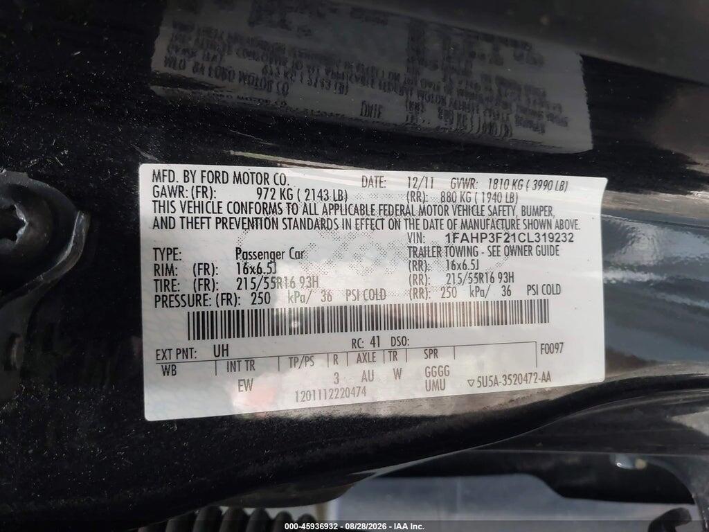 1FAHP3F21CL319232 2012 FORD FOCUS photo no. 9