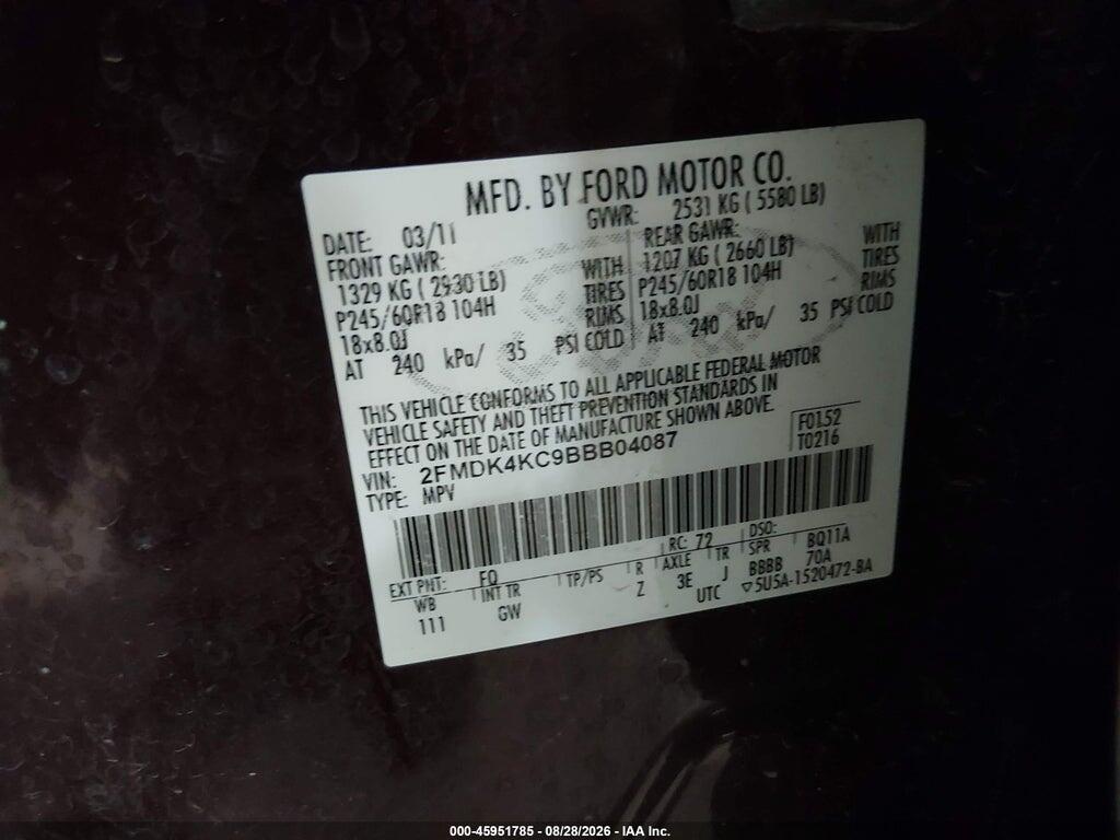 2FMDK4KC9BBB04087 2011 FORD EDGE photo no. 9