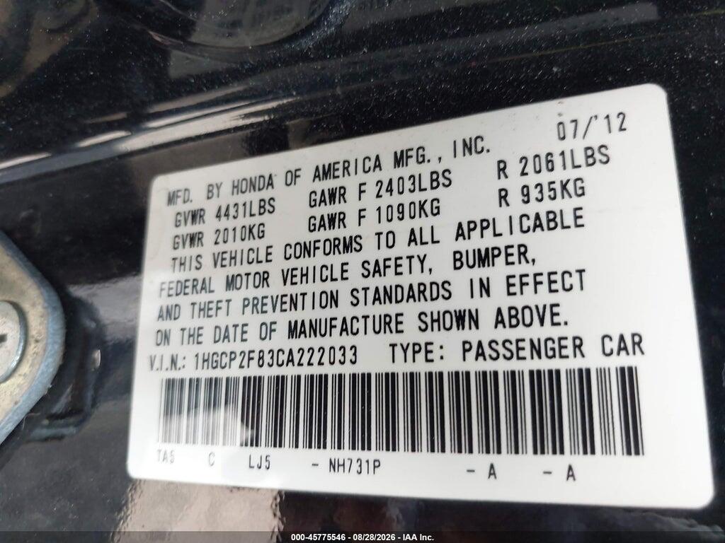 1HGCP2F83CA222033 2012 HONDA ACCORD photo no. 9