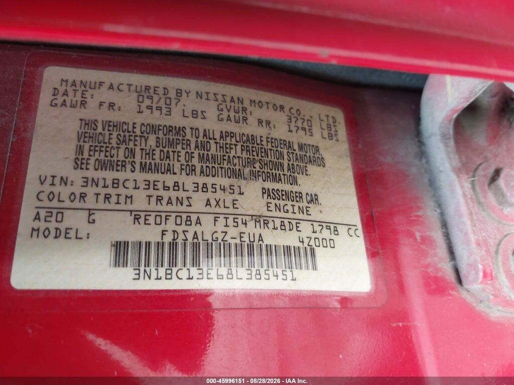 3N1BC13E68L385451 2008 NISSAN VERSA photo no. 9