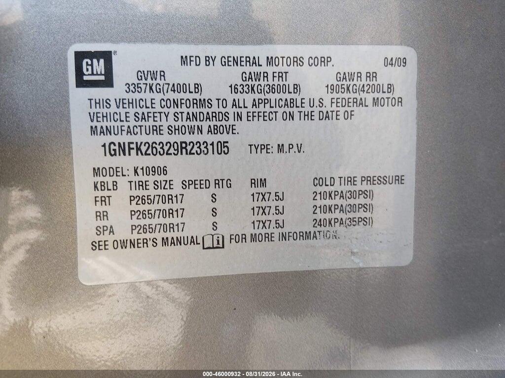 1GNFK26329R233105 2009 CHEVROLET SUBURBAN 1500 photo no. 9