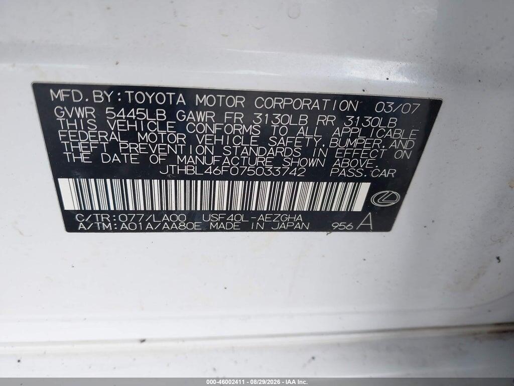 JTHBL46F075033742 2007 LEXUS LS 460 photo no. 9