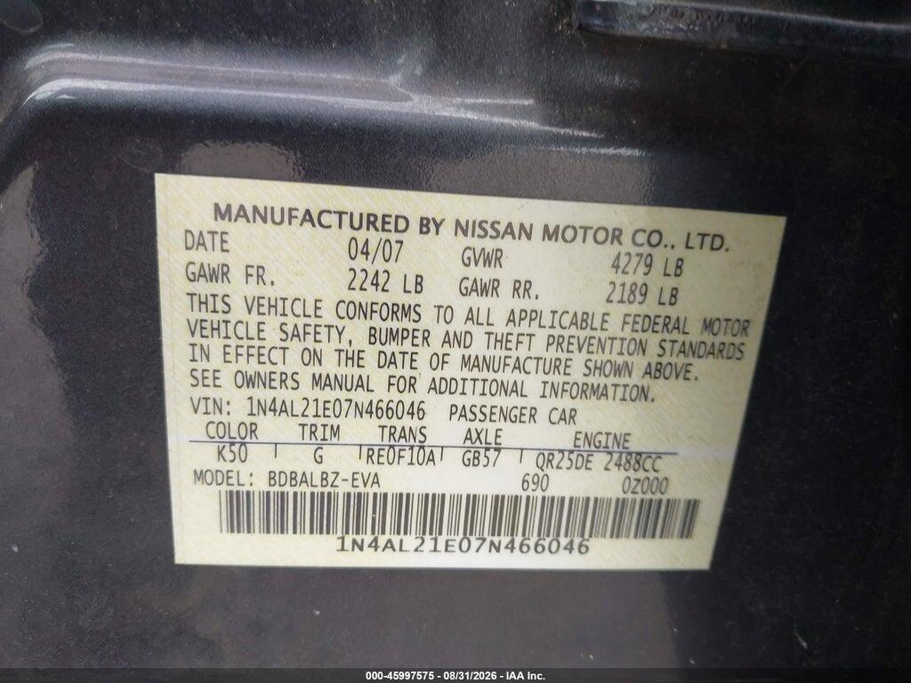 1N4AL21E07N466046 2007 NISSAN ALTIMA photo no. 9