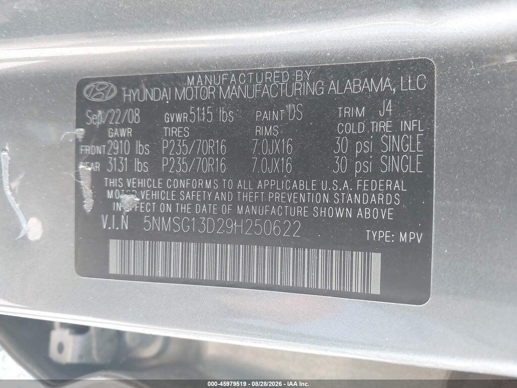 5NMSG13D29H250622 2009 HYUNDAI SANTA FE photo no. 9