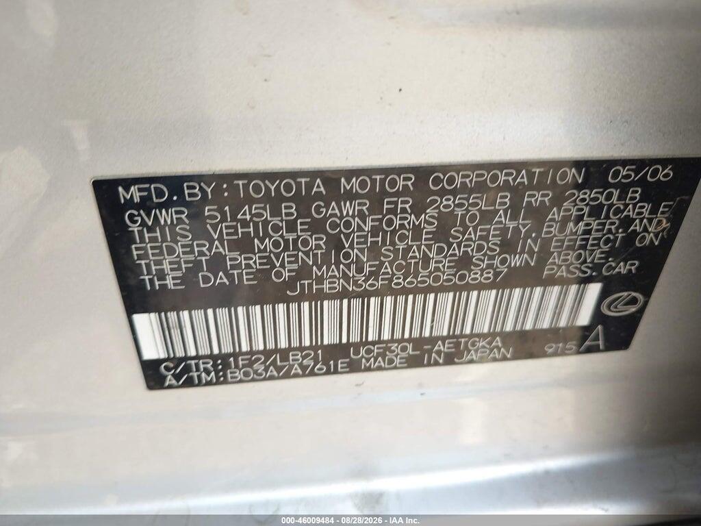 JTHBN36F865050887 2006 LEXUS LS 430 photo no. 9