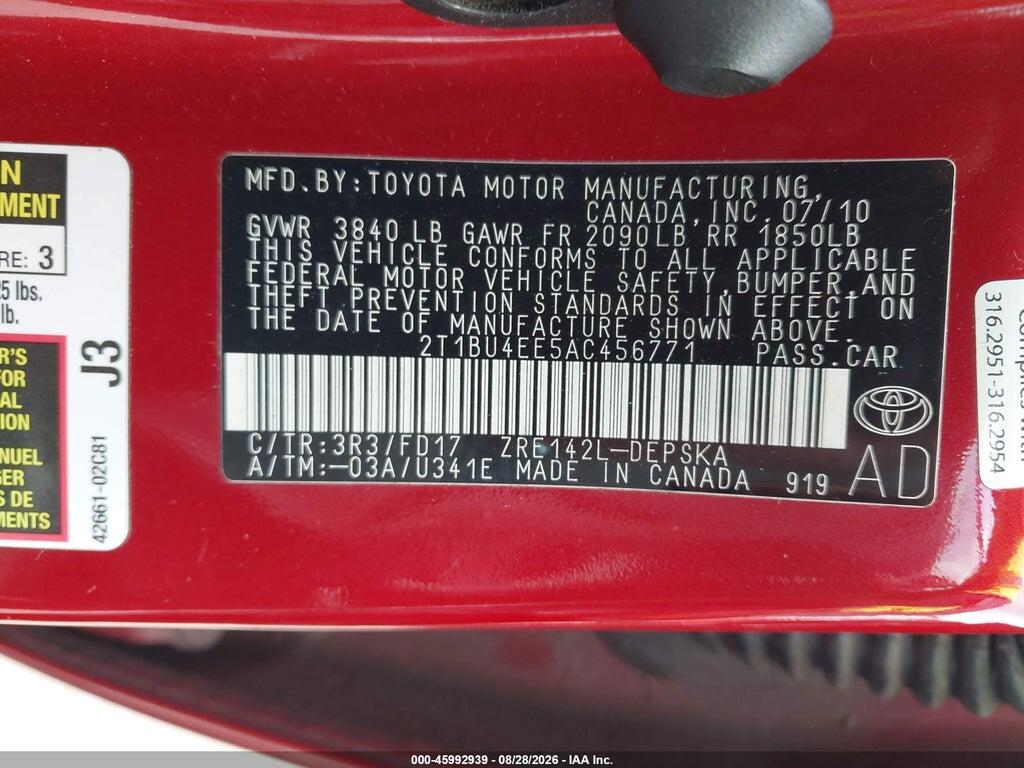 2T1BU4EE5AC456771 2010 TOYOTA COROLLA photo no. 9