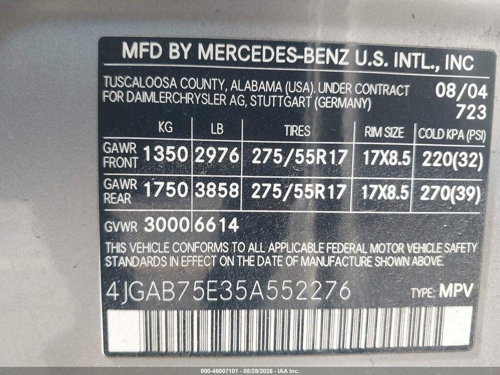 4JGAB75E35A552276 2005 MERCEDES-BENZ ML 500 photo no. 9