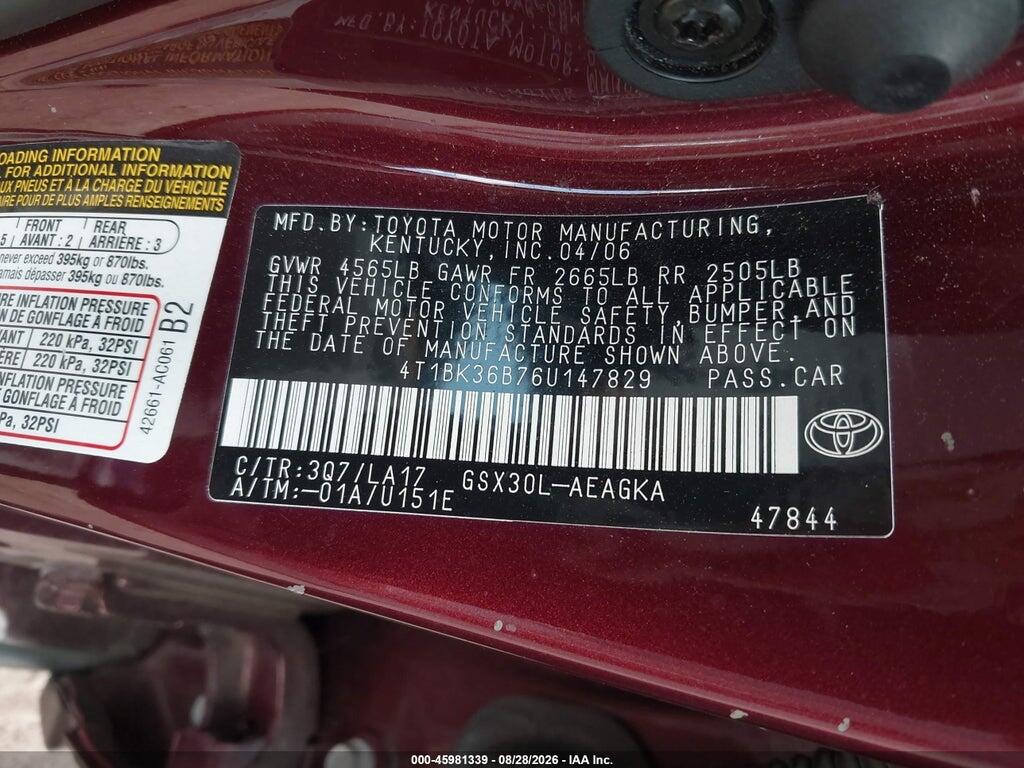 4T1BK36B76U147829 2006 TOYOTA AVALON photo no. 9
