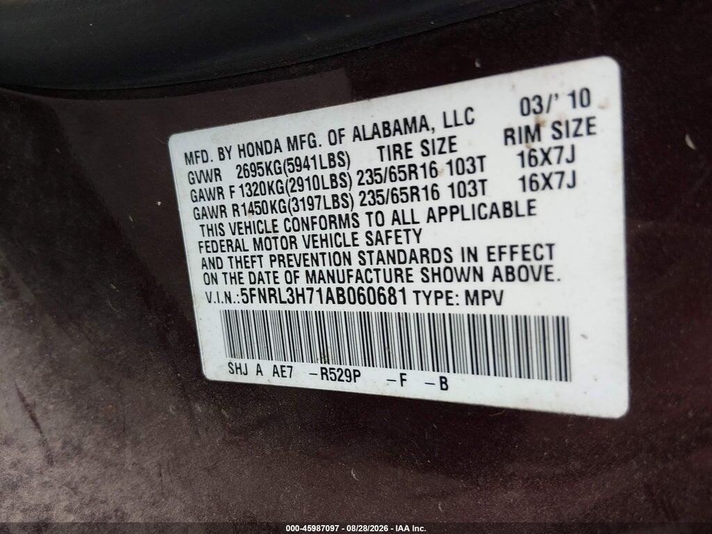 5FNRL3H71AB060681 2010 HONDA ODYSSEY photo no. 9