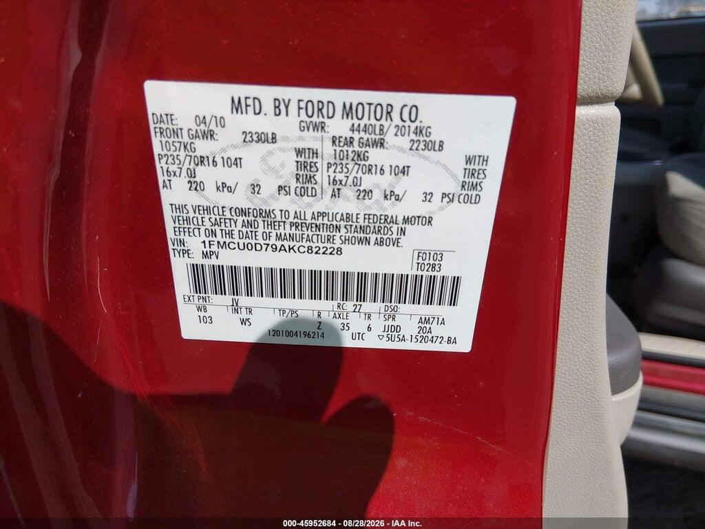 1FMCU0D79AKC82228 2010 FORD ESCAPE photo no. 9