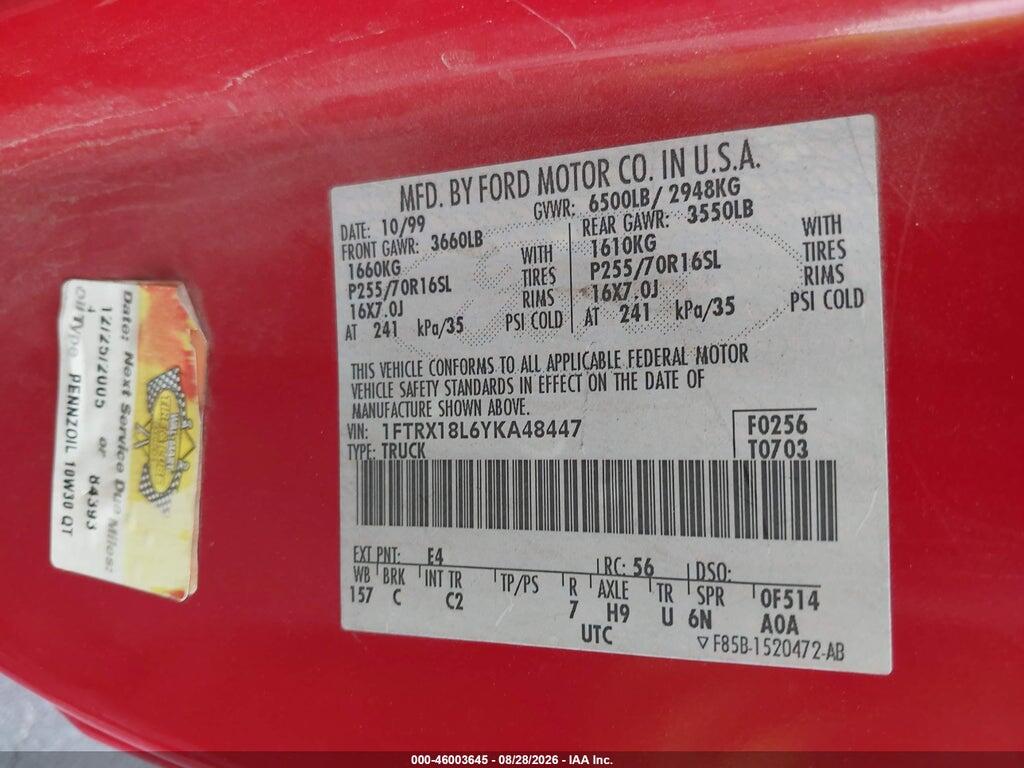 1FTRX18L6YKA48447 2000 FORD F-150 photo no. 9