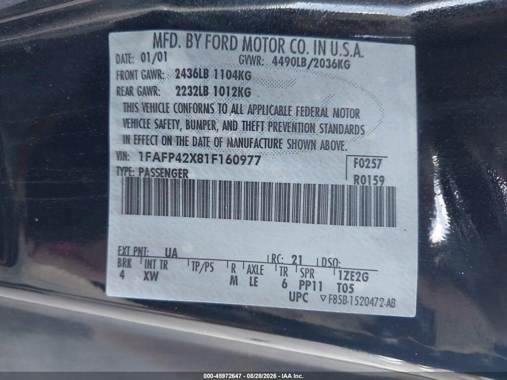 1FAFP42X81F160977 2001 FORD MUSTANG photo no. 9
