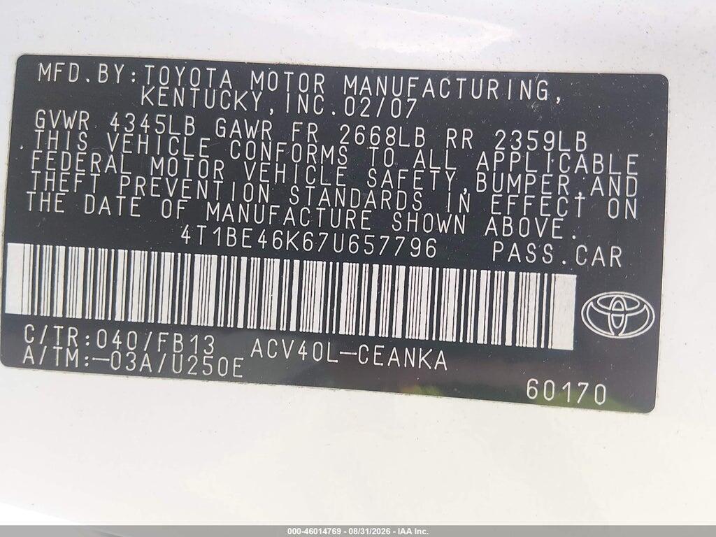 4T1BE46K67U657796 2007 TOYOTA CAMRY photo no. 9