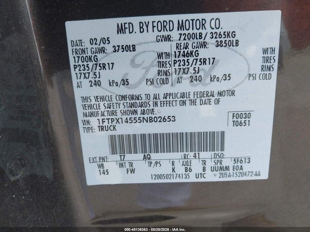 1FTPX14555NB02653 2005 FORD F-150 photo no. 9