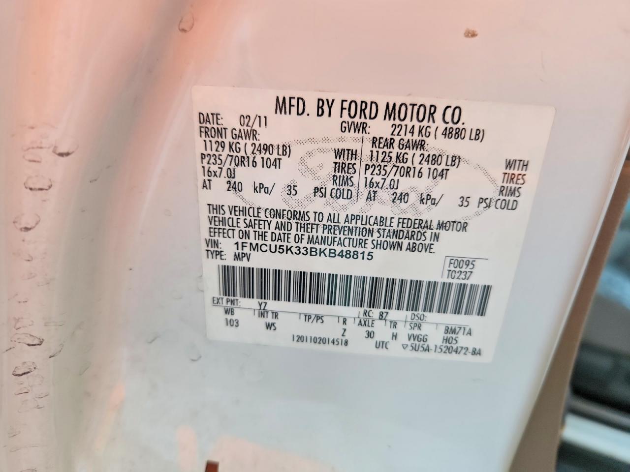1FMCU5K33BKB48815 2011 FORD ESCAPE photo no. 12
