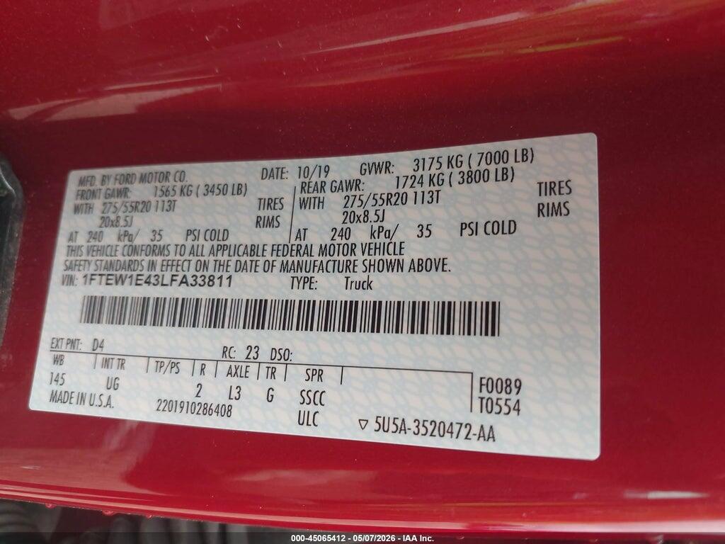 1FTEW1E43LFA33811 2020 FORD F-150 photo no. 9