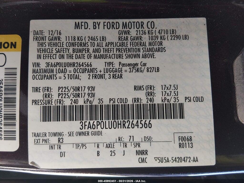 3FA6P0LU0HR264566 2017 FORD FUSION HYBRID photo no. 9