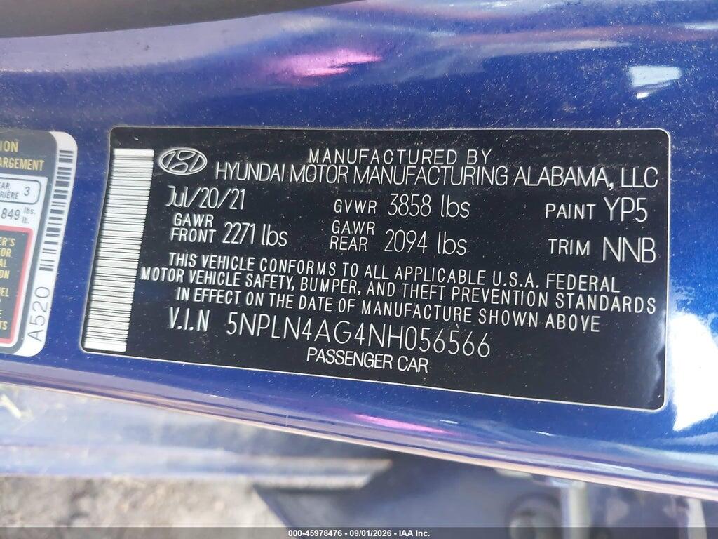 5NPLN4AG4NH056566 2022 HYUNDAI ELANTRA photo no. 9