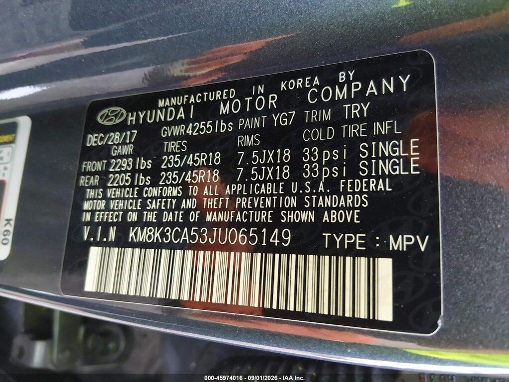 KM8K3CA53JU065149 2018 HYUNDAI KONA photo no. 9