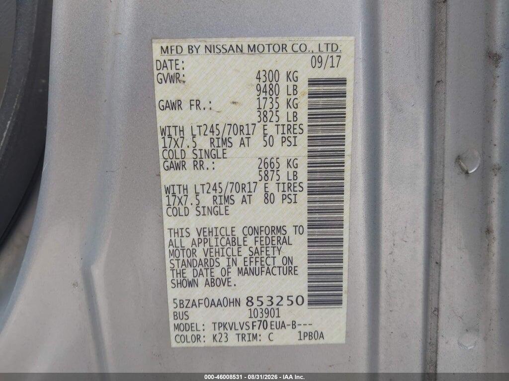 5BZAF0AA0HN853250 2017 NISSAN NV PASSENGER NV3500 HD photo no. 9