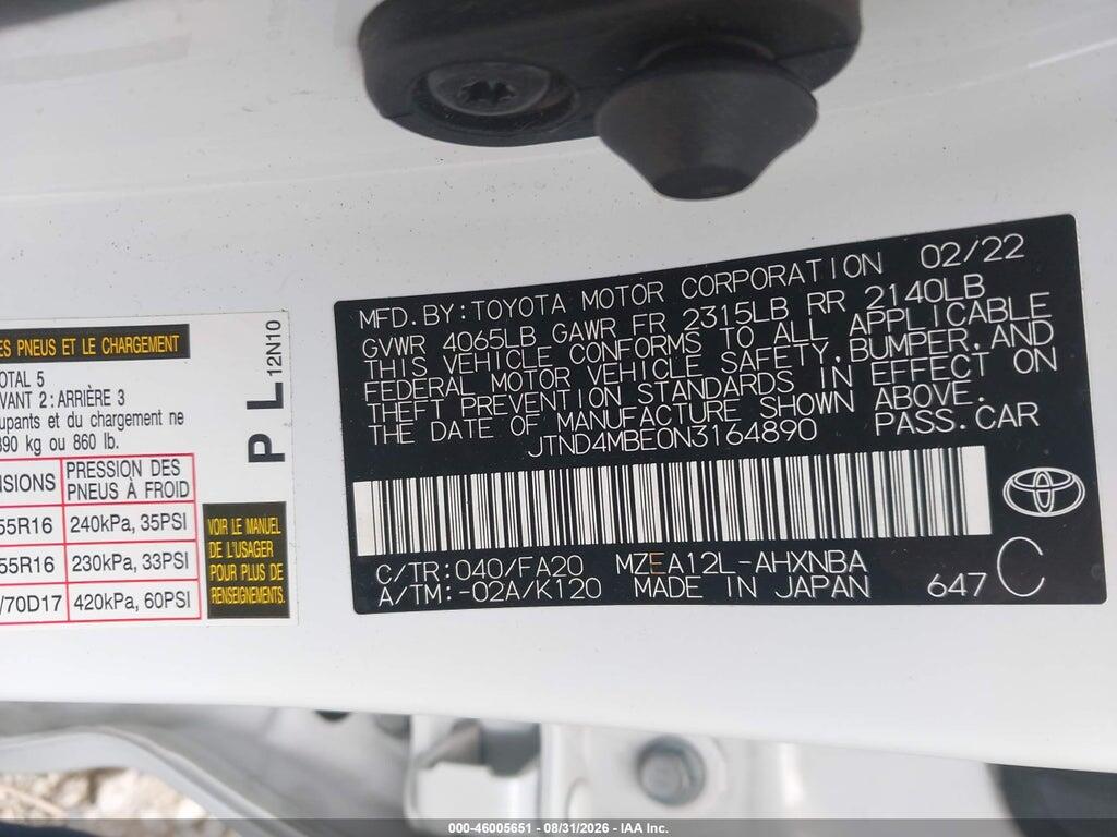 JTND4MBE0N3164890 2022 TOYOTA COROLLA photo no. 9