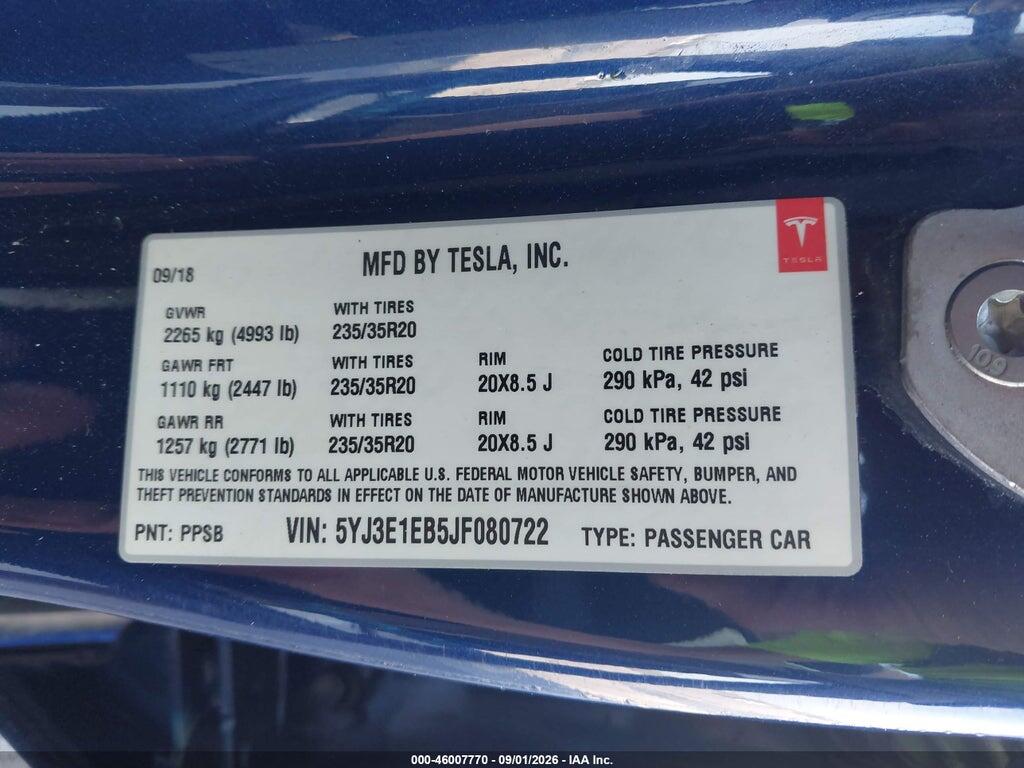 5YJ3E1EB5JF080722 2018 TESLA MODEL 3 photo no. 9