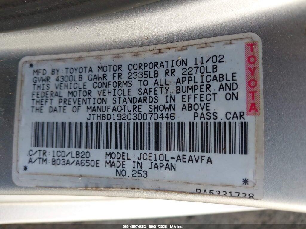 JTHBD192030070446 2003 LEXUS IS 300 photo no. 9