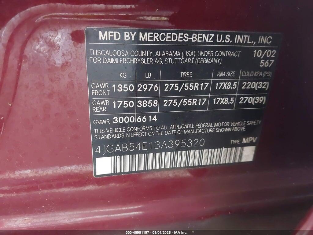 4JGAB54E13A395320 2003 MERCEDES-BENZ ML 320 photo no. 9