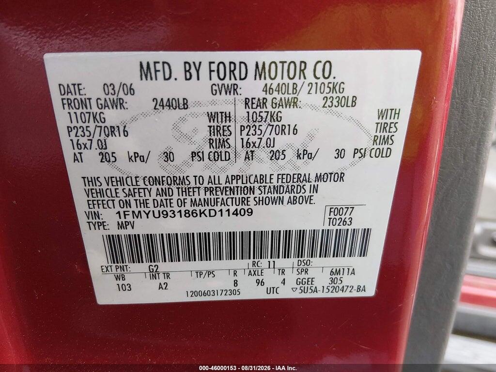 1FMYU93186KD11409 2006 FORD ESCAPE photo no. 9