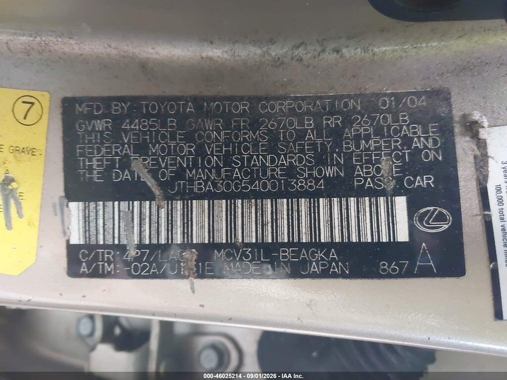 JTHBA30G540013884 2004 LEXUS ES 330 photo no. 9