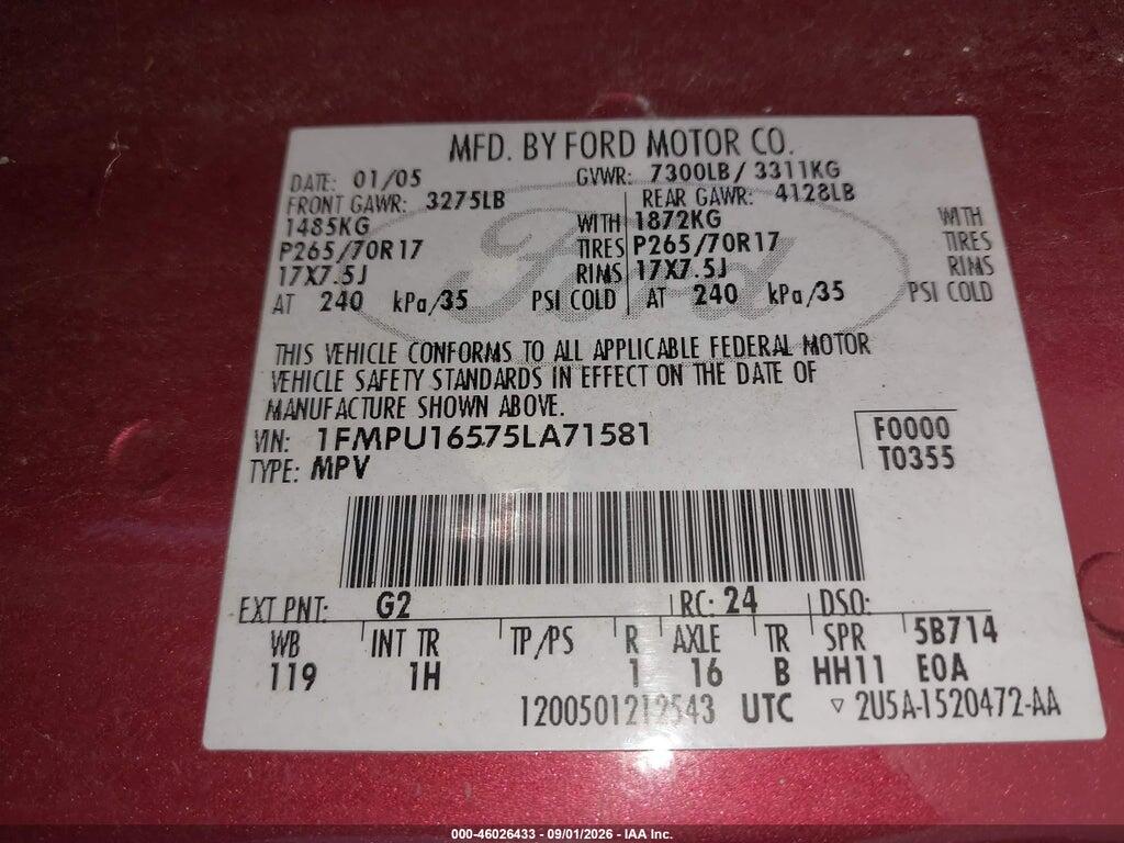 1FMPU16575LA71581 2005 FORD EXPEDITION photo no. 9