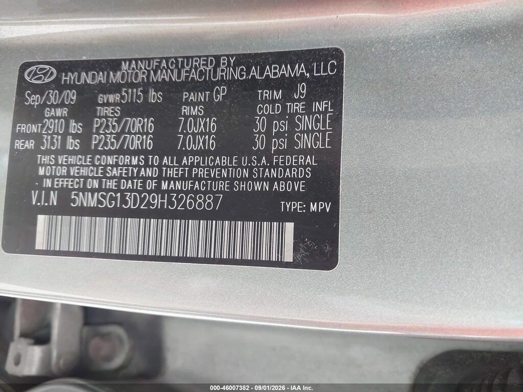 5NMSG13D29H326887 2009 HYUNDAI SANTA FE photo no. 9