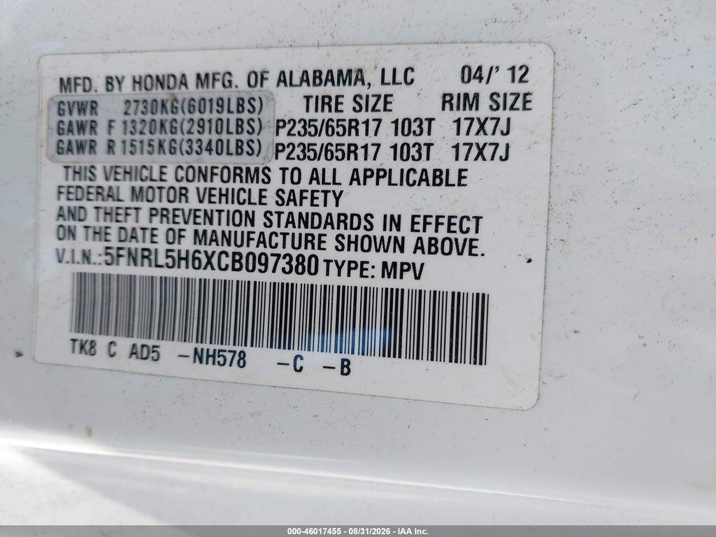 5FNRL5H6XCB097380 2012 HONDA ODYSSEY photo no. 9