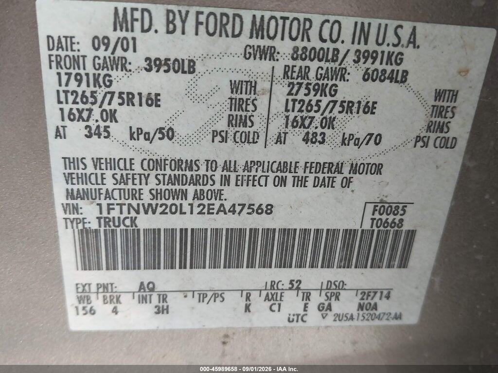1FTNW20L12EA47568 2002 FORD F-250 photo no. 9