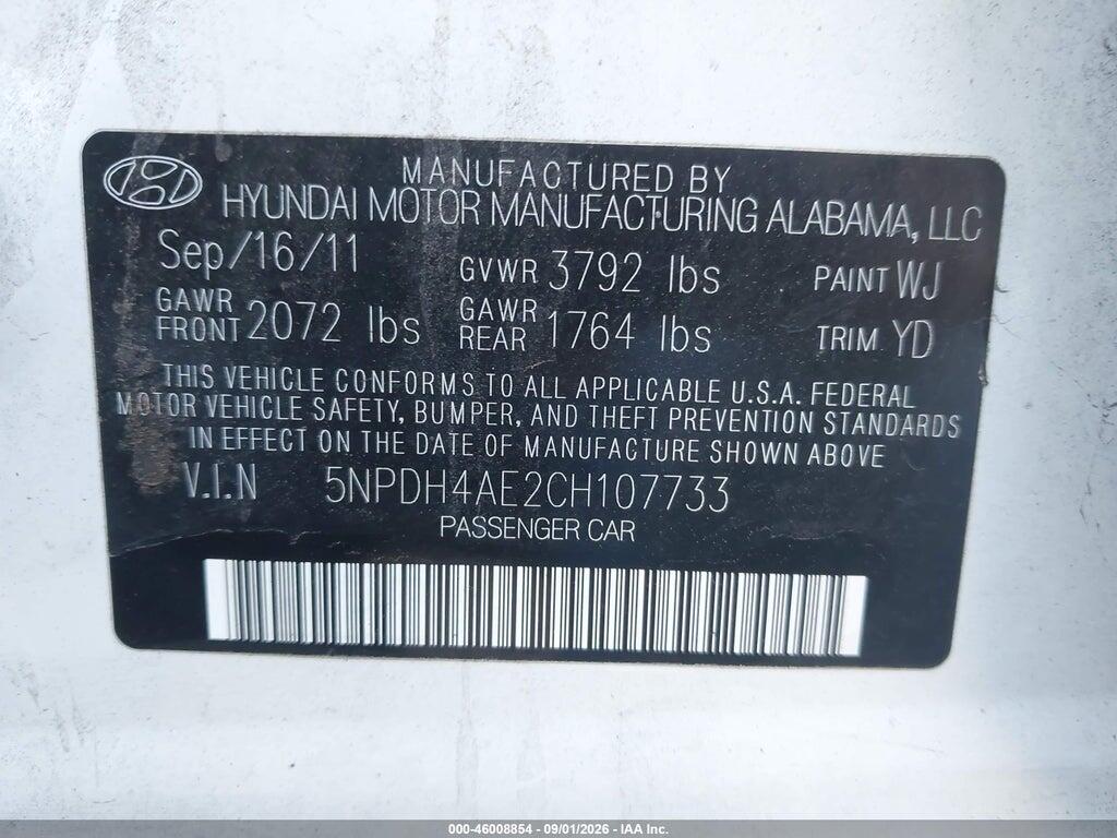 5NPDH4AE2CH107733 2012 HYUNDAI ELANTRA photo no. 9