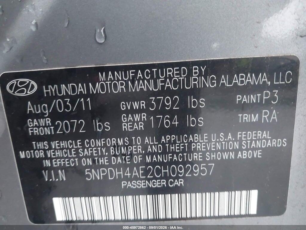 5NPDH4AE2CH092957 2012 HYUNDAI ELANTRA photo no. 9