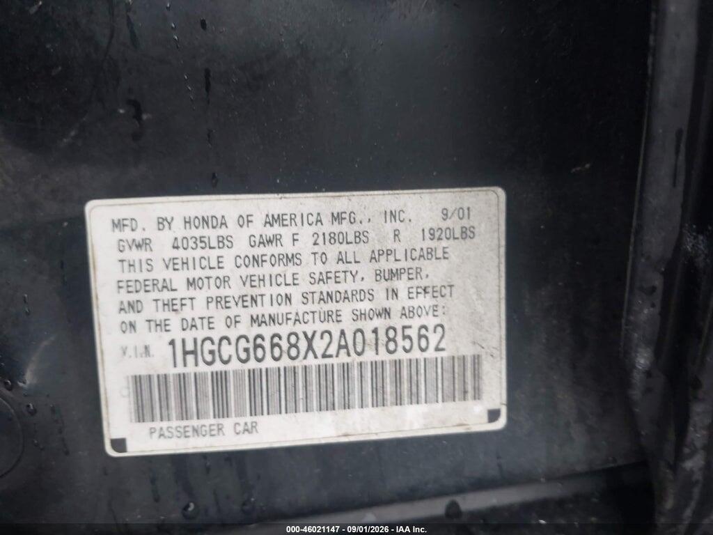 1HGCG668X2A018562 2002 HONDA ACCORD photo no. 9