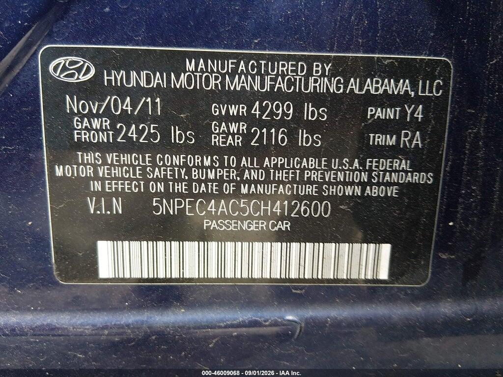5NPEC4AC5CH412600 2012 HYUNDAI SONATA photo no. 9