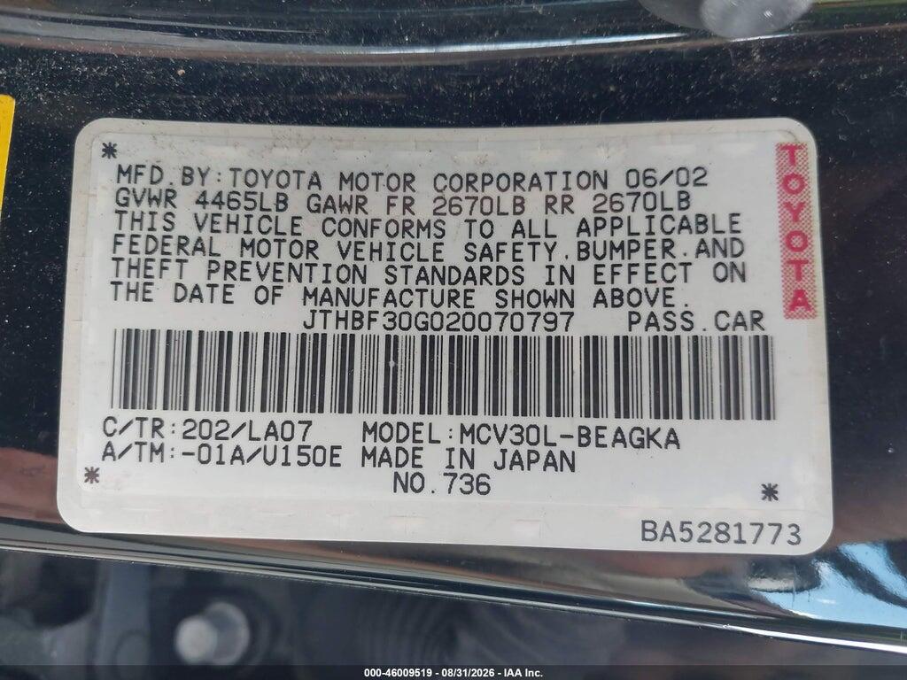 JTHBF30G020070797 2002 LEXUS ES 300 photo no. 9